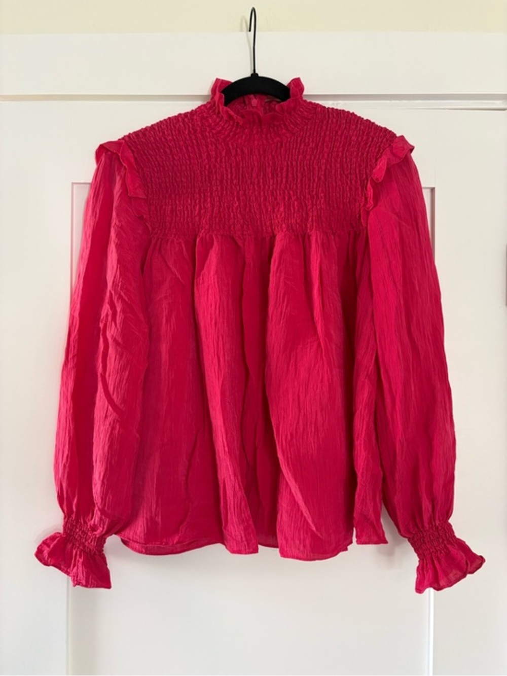 French Connection Fuchsia Pink Boza Crinkle Smocked High Neck Blouse
